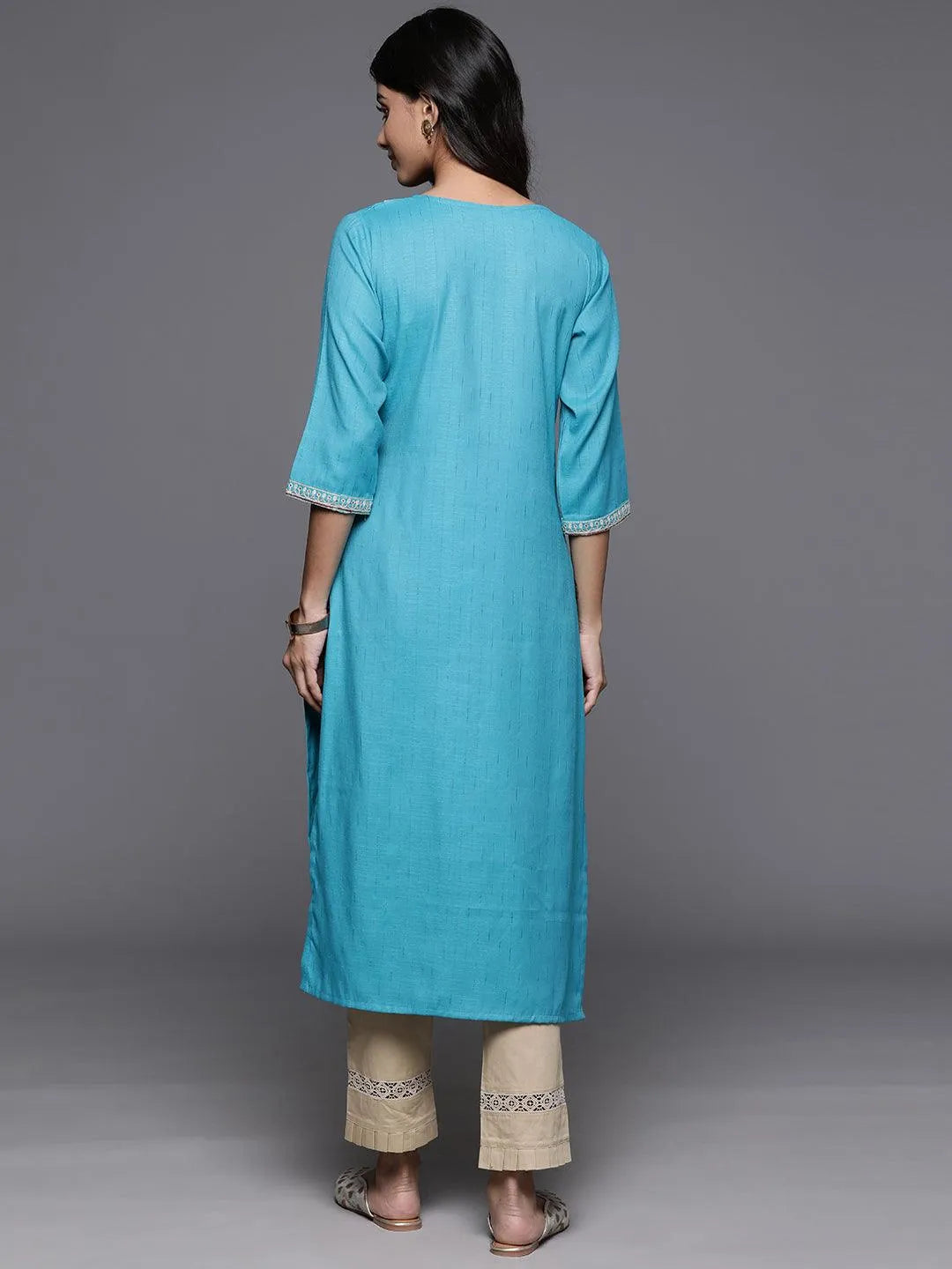 Blue Yoke Design Rayon Straight Kurta - Libas 