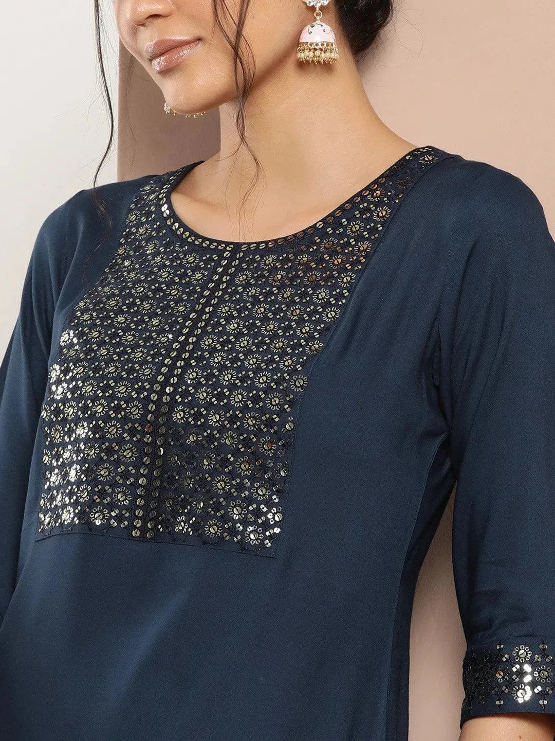 Blue Yoke Design Rayon Straight Kurta - Libas 