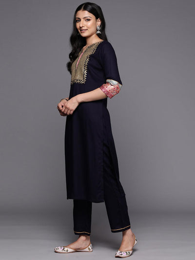 Blue Yoke Design Rayon Straight Suit Set With Trousers - Libas
