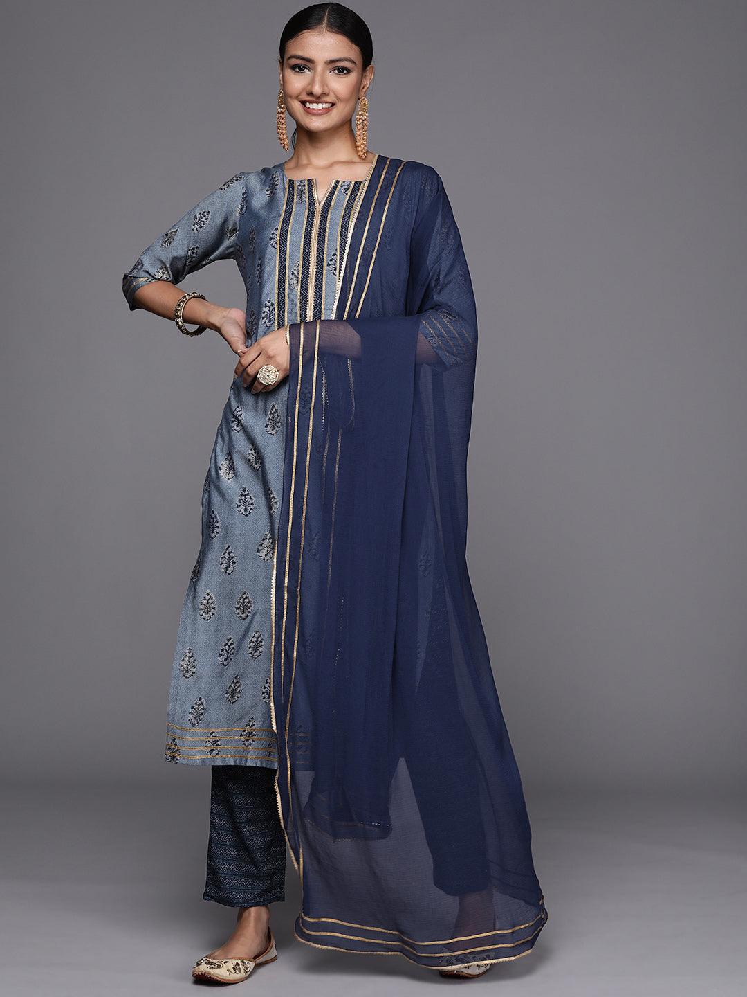 Blue Yoke Design Silk Blend Straight Kurta With Dupatta