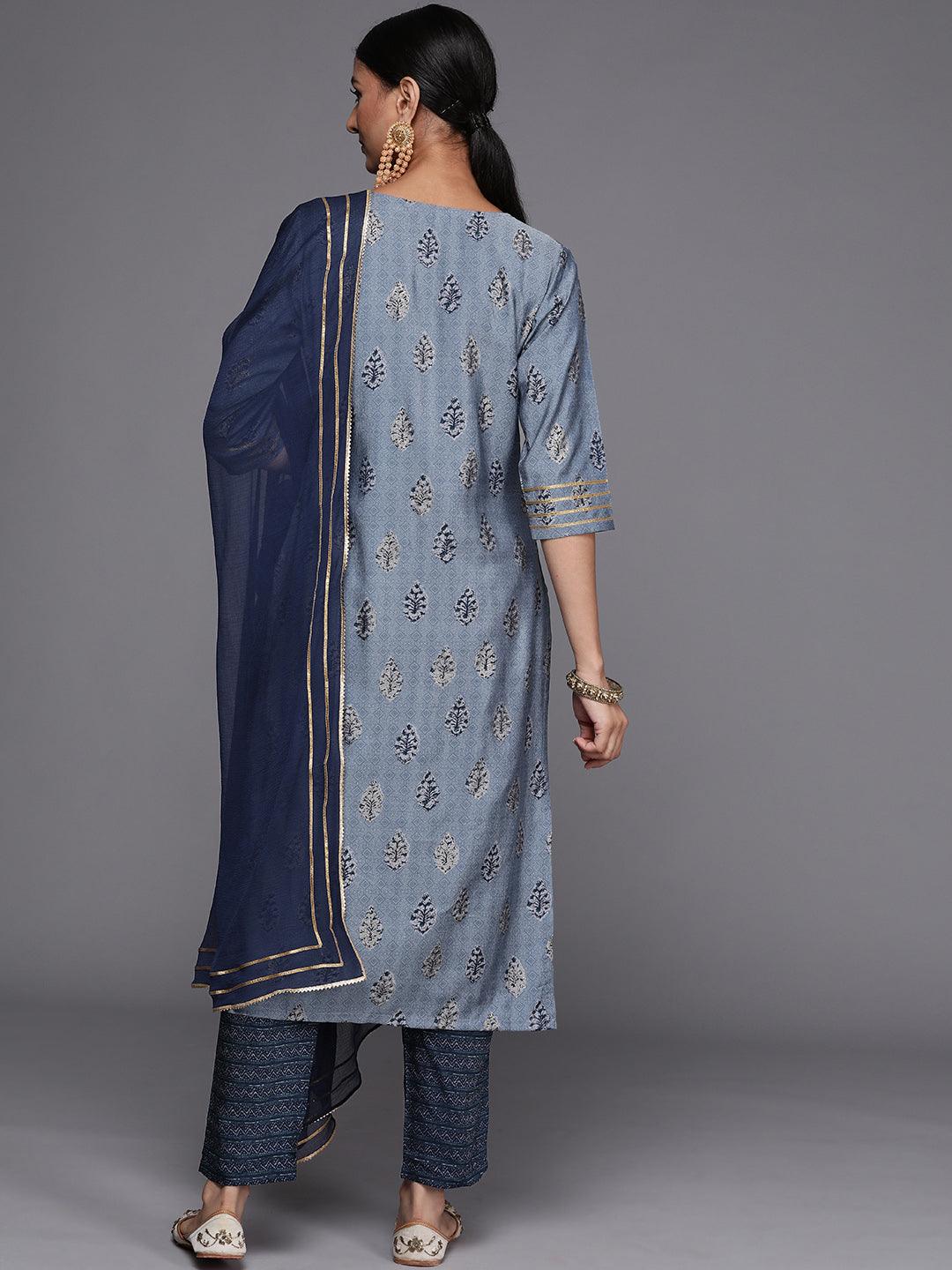 Blue Yoke Design Silk Blend Straight Kurta With Dupatta