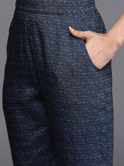 Blue Yoke Design Silk Blend Straight Suit Set - Libas