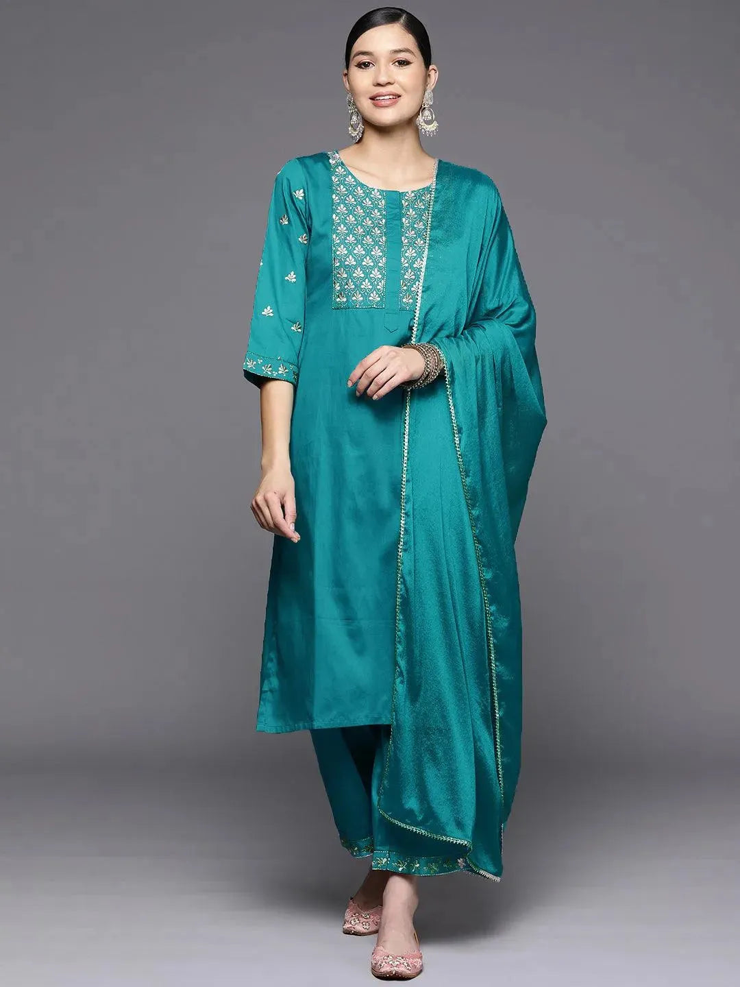 Blue Yoke Design Silk Blend Straight Suit Set With Palazzos - Libas