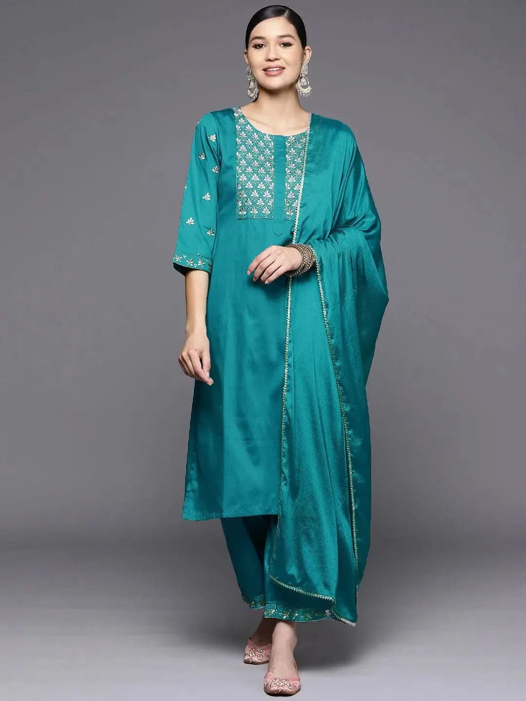 

Blue Yoke Design Silk Blend Straight Kurta With Palazzos & Dupatta