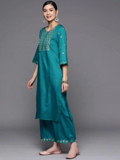 Blue Yoke Design Silk Blend Straight Suit Set With Palazzos - Libas