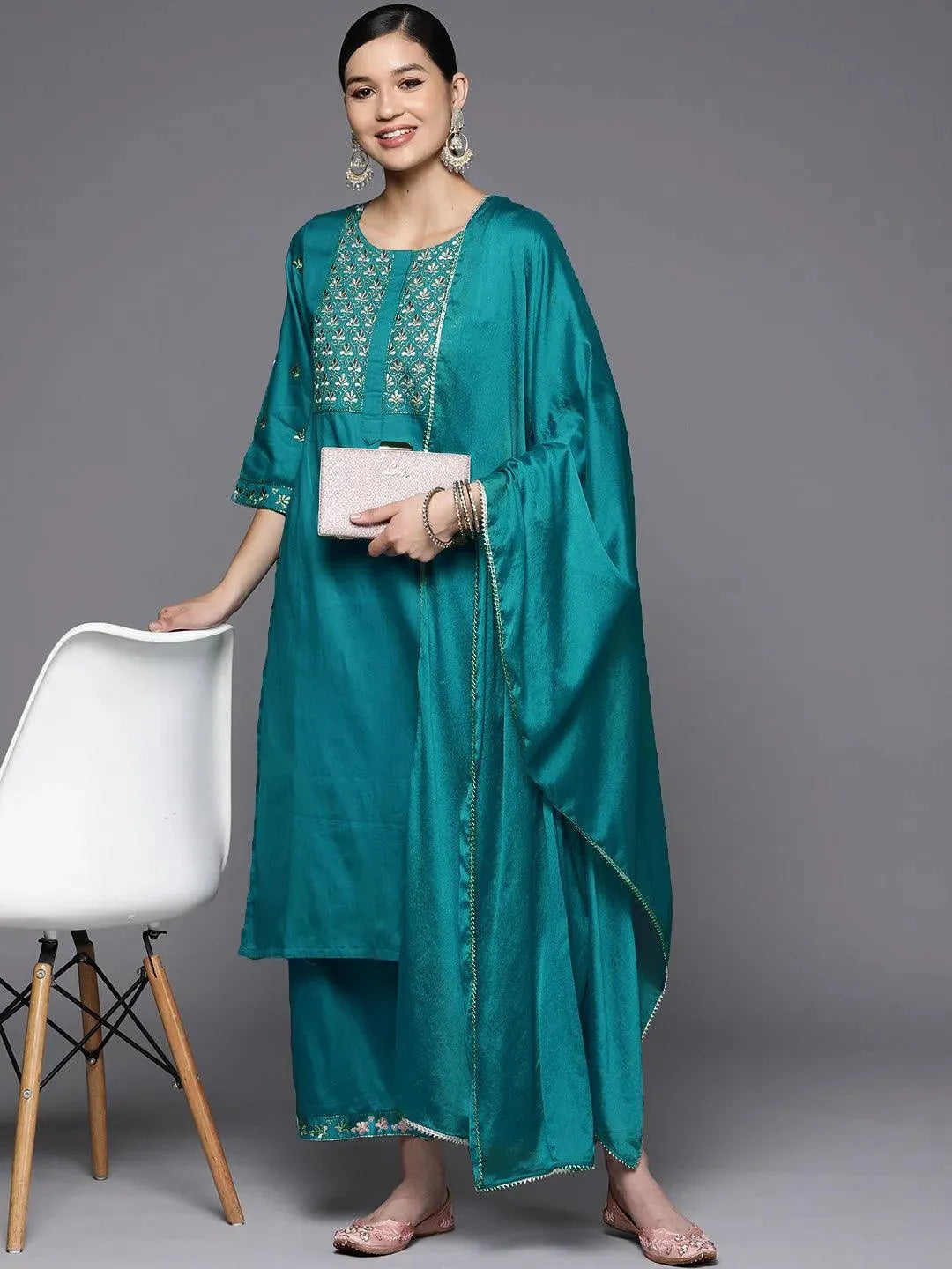 Blue Yoke Design Silk Blend Straight Suit Set With Palazzos - Libas 