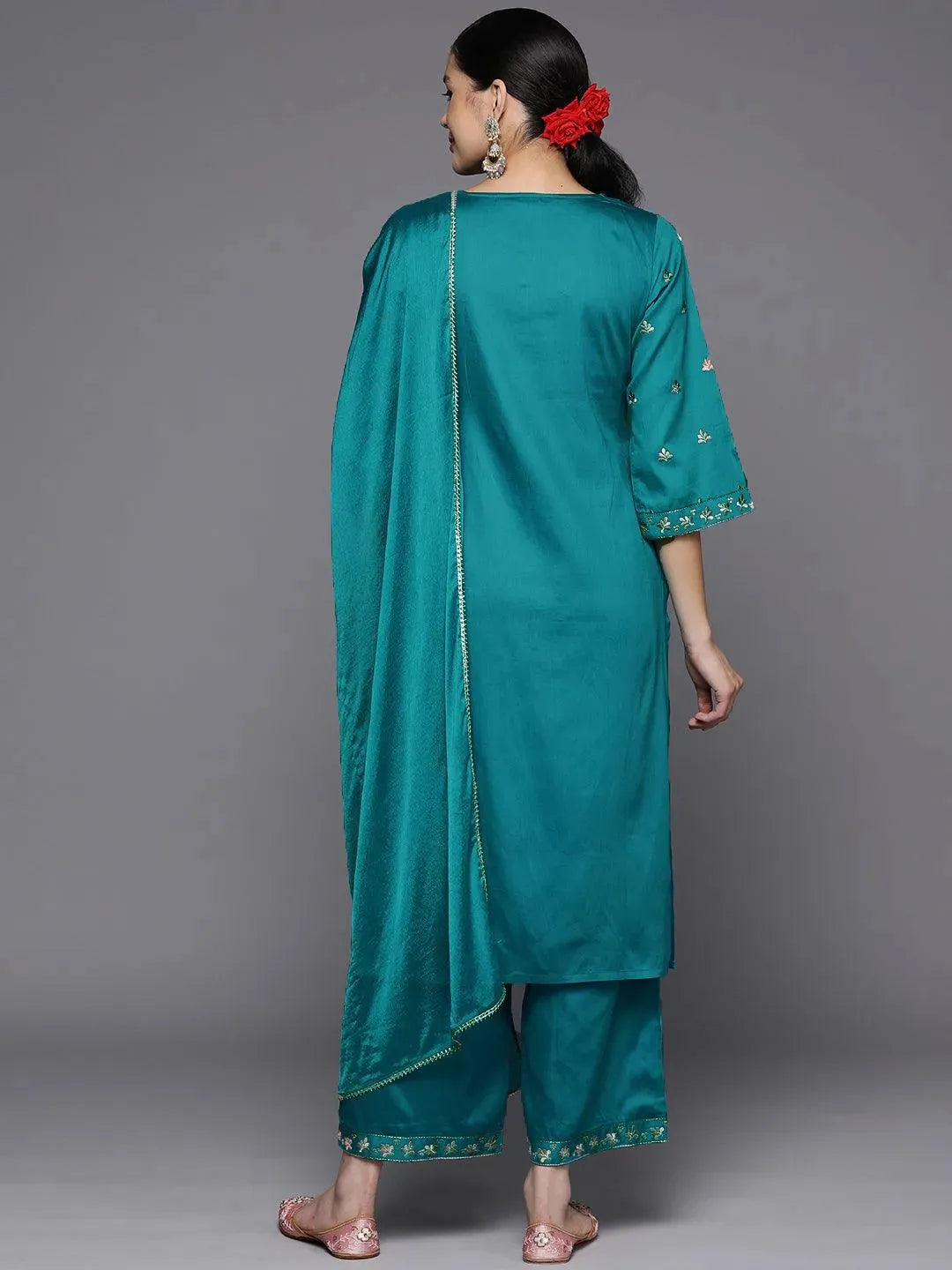 Blue Yoke Design Silk Blend Straight Suit Set With Palazzos - Libas