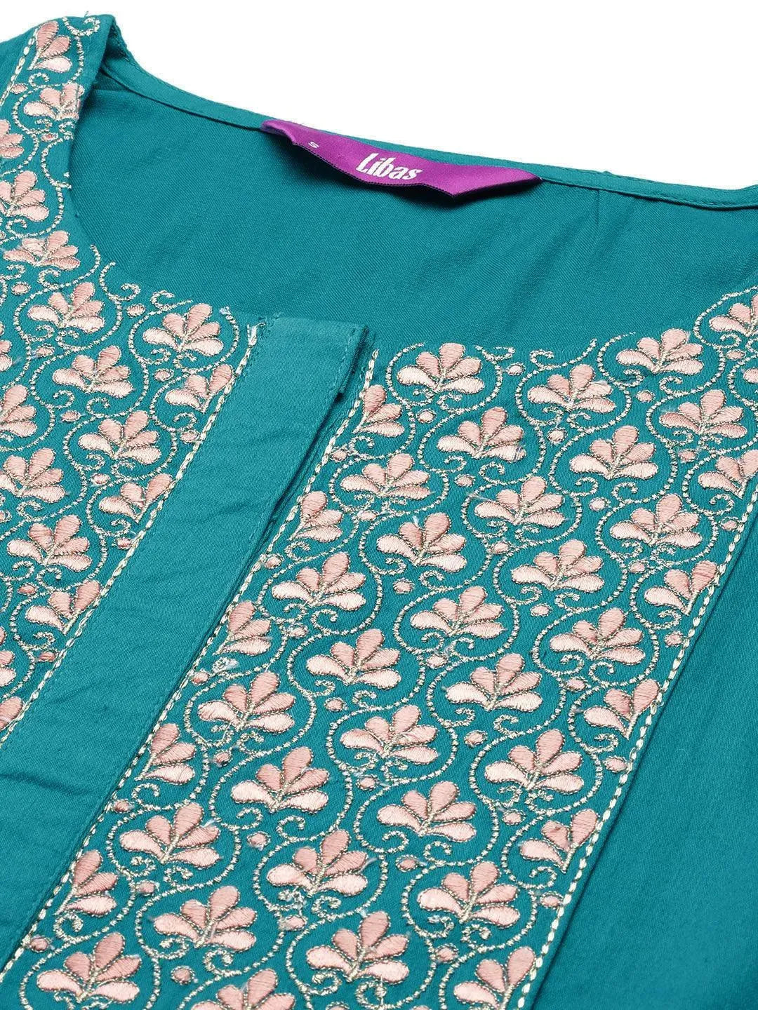 Blue Yoke Design Silk Blend Straight Suit Set With Palazzos - Libas 