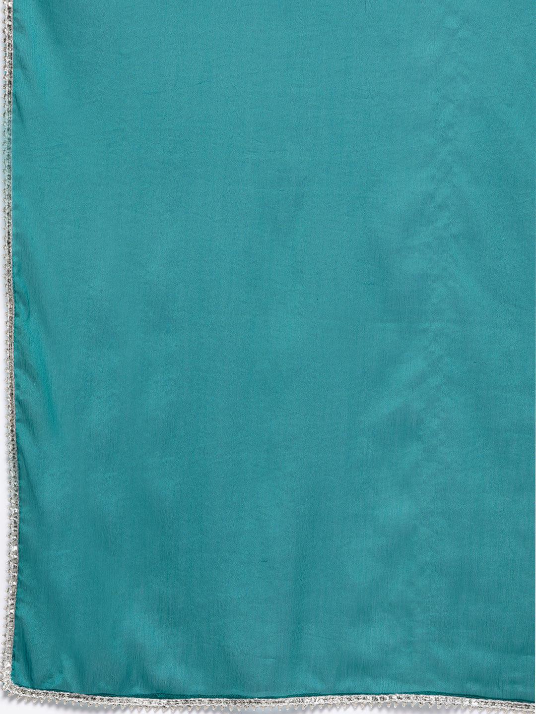 Blue Yoke Design Silk Blend Straight Kurta With Palazzos & Dupatta