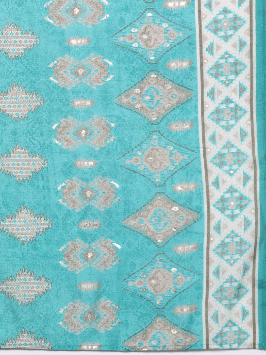 Blue Yoke Design Silk Blend Straight Kurta With Palazzos & Dupatta - Libas