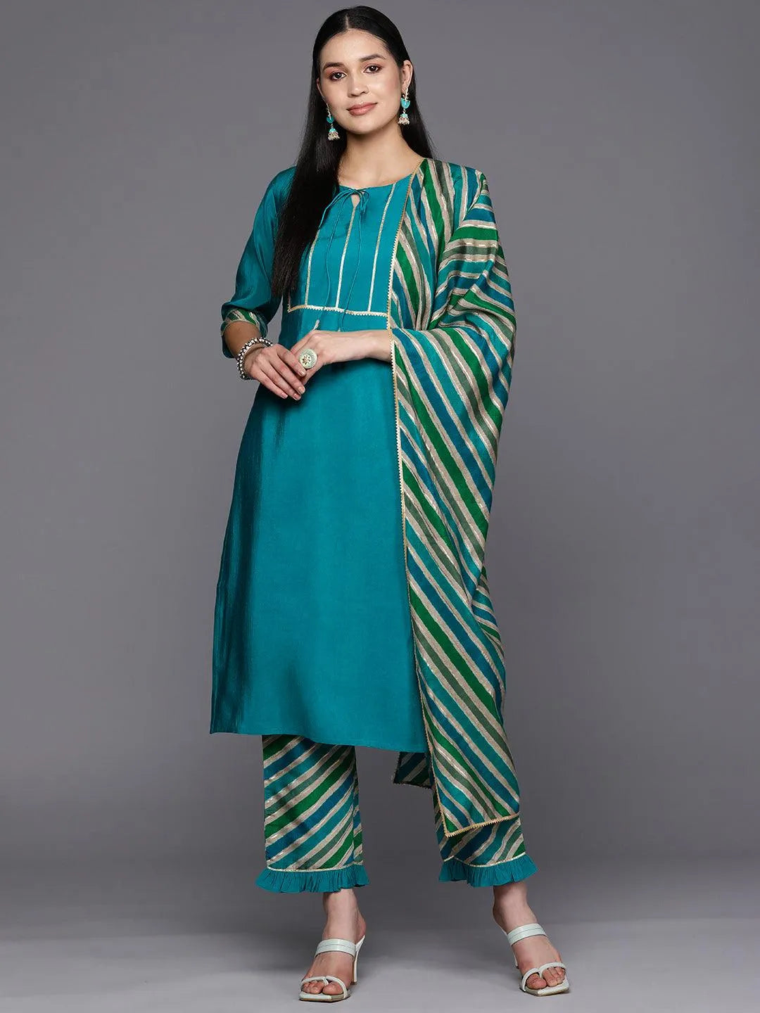 Blue Yoke Design Silk Blend Straight Suit Set With Trousers - Libas