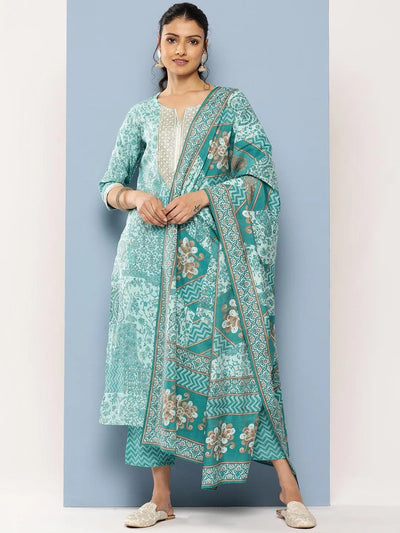 Blue Yoke Design Silk Blend Straight Suit Set With Trousers - Libas