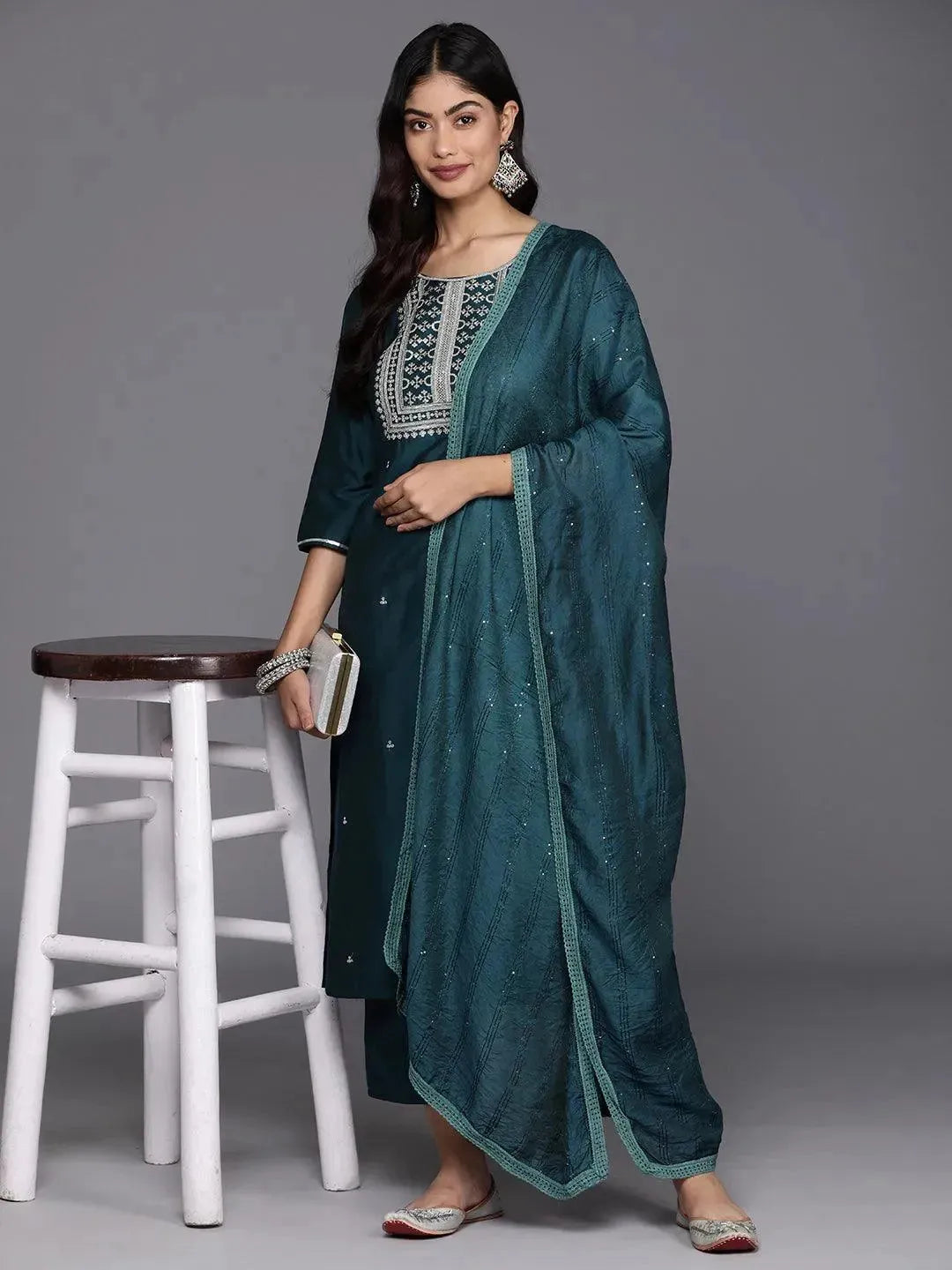 libas Blue Yoke Design Silk Blend Straight Suit With Dupatta-picture-37