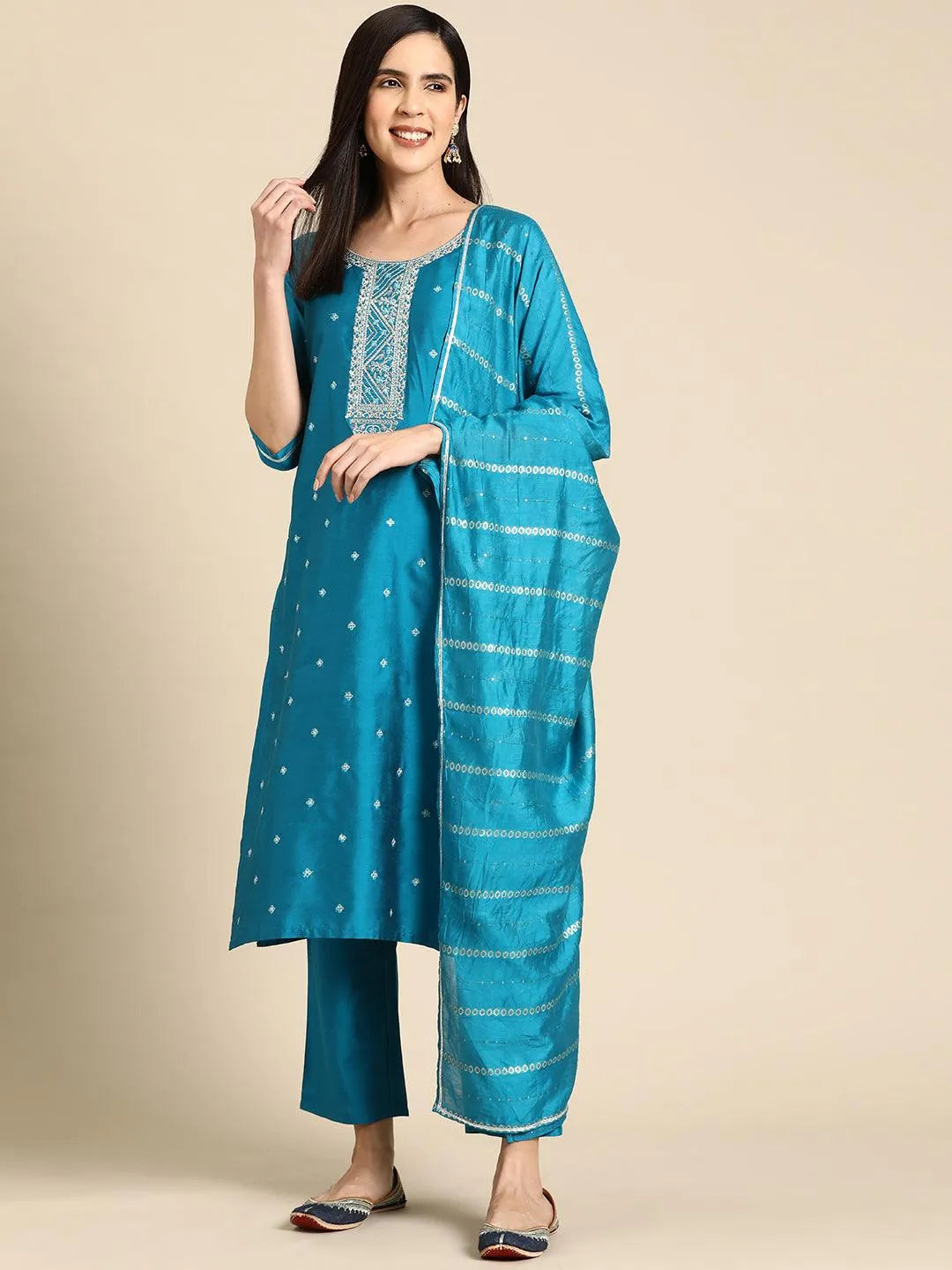 Olive Yoke Design Silk Blend Straight Kurta With Trousers and Dupatta