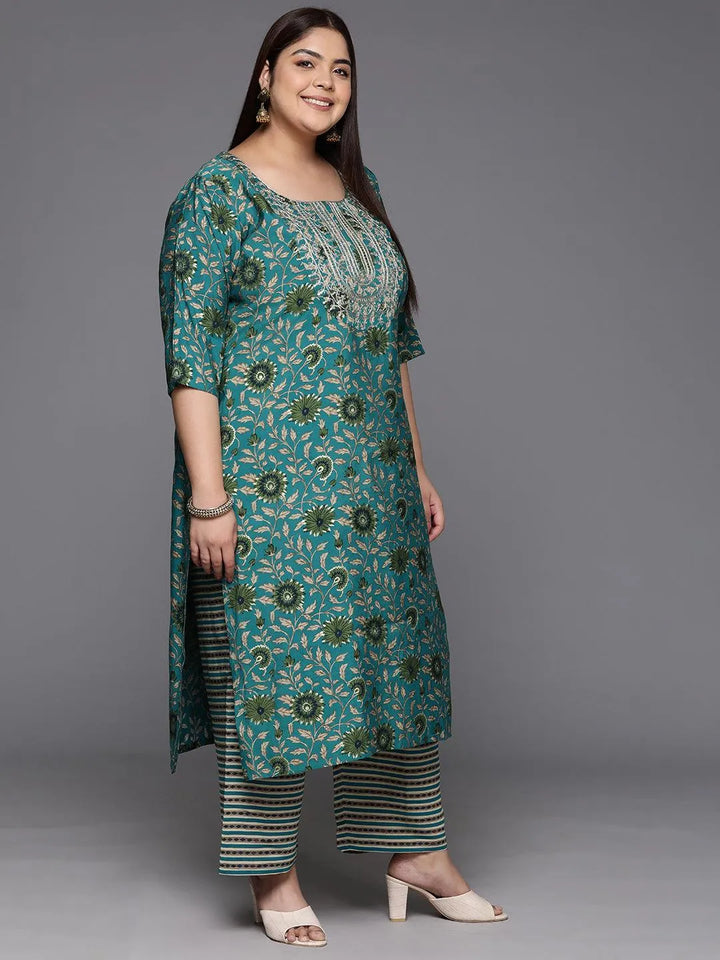 Blue Yoke Design Silk Blend Straight Kurta With Trousers & Dupatta - Libas