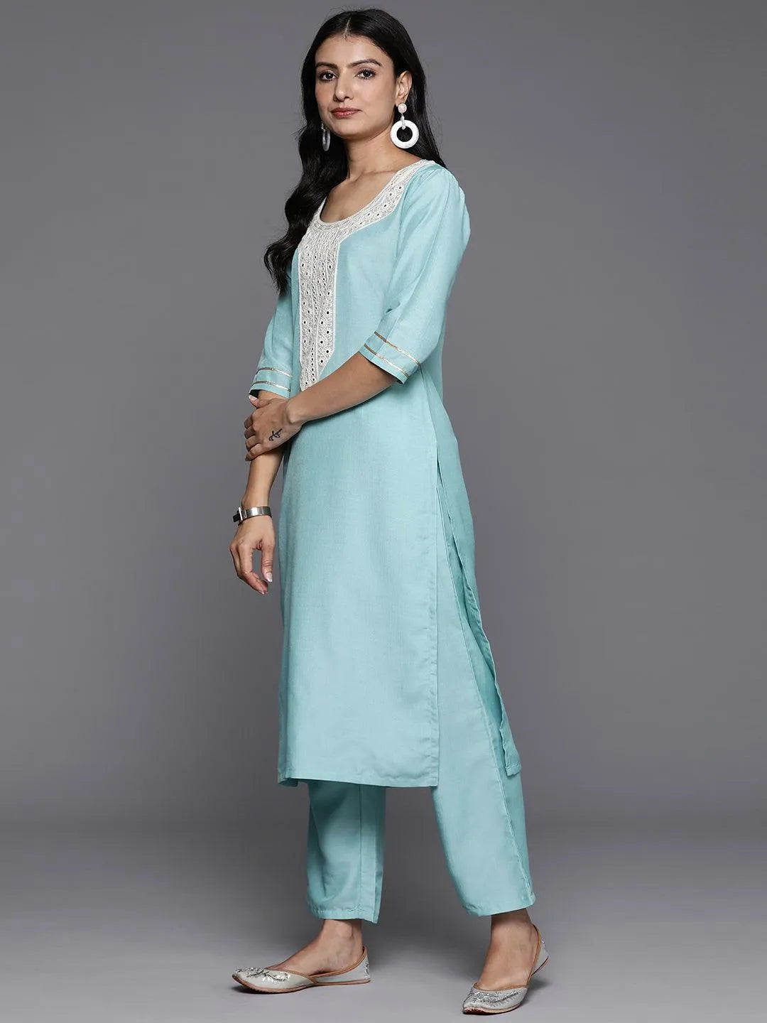 Blue Yoke Design Silk Blend Straight Kurta With Trousers & Dupatta - Libas 