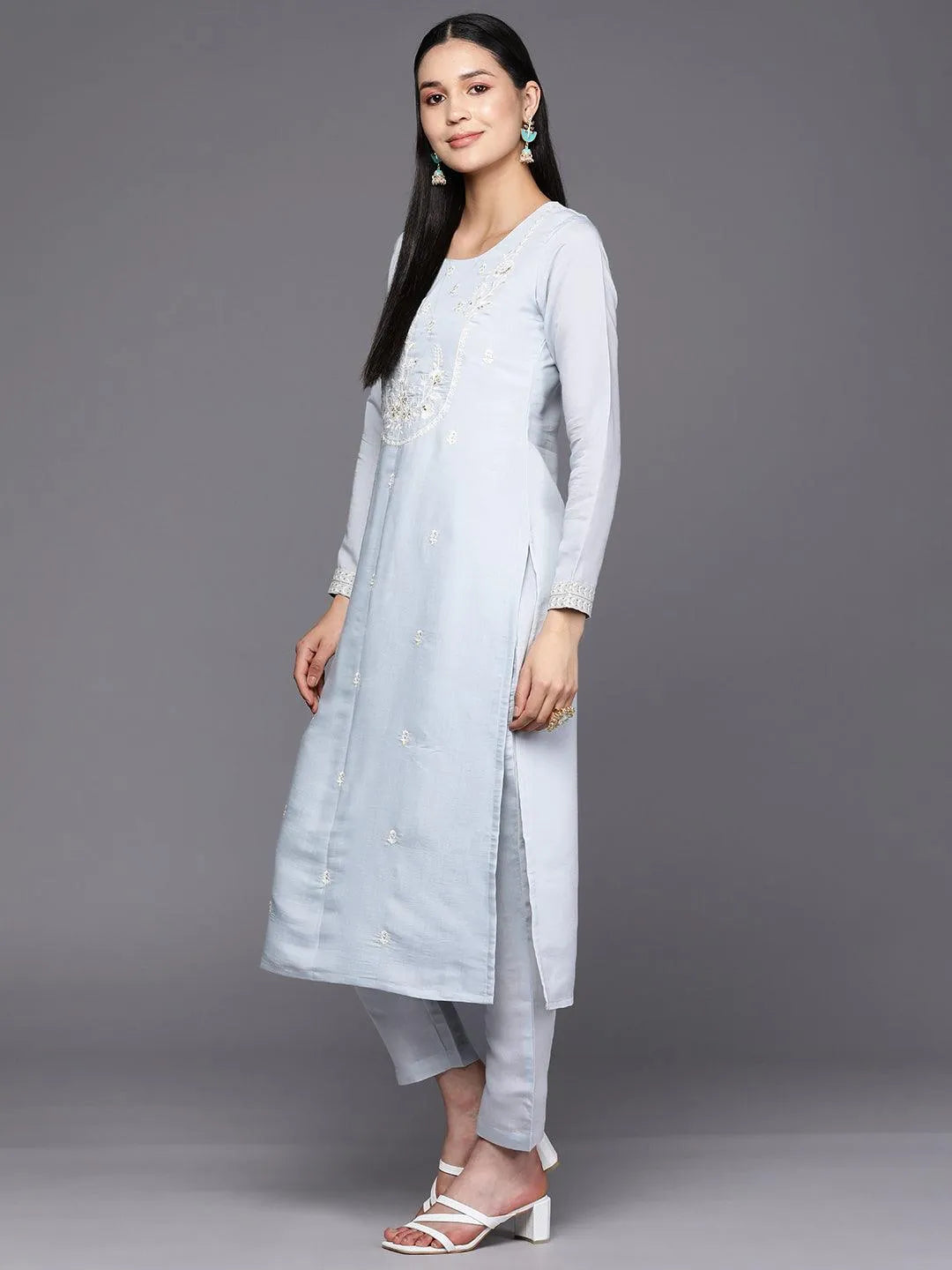 Blue Yoke Design Silk Blend Straight Suit Set With Trousers - Libas 