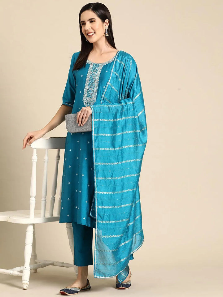 Blue Yoke Design Silk Blend Straight Kurta With Trousers & Dupatta - Libas