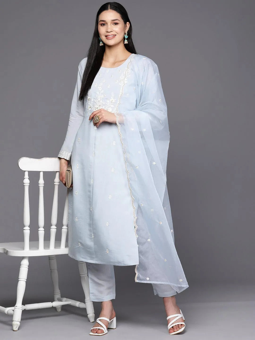 Blue Yoke Design Silk Blend Straight Suit Set With Trousers - Libas 