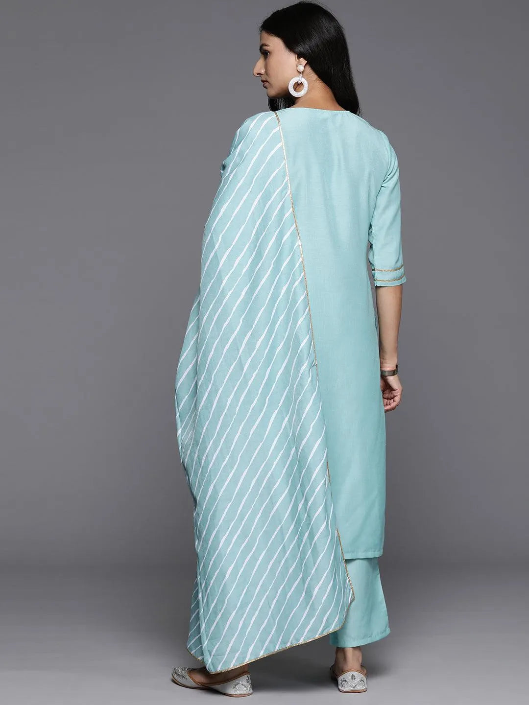 Blue Yoke Design Silk Blend Straight Kurta With Trousers & Dupatta - Libas 