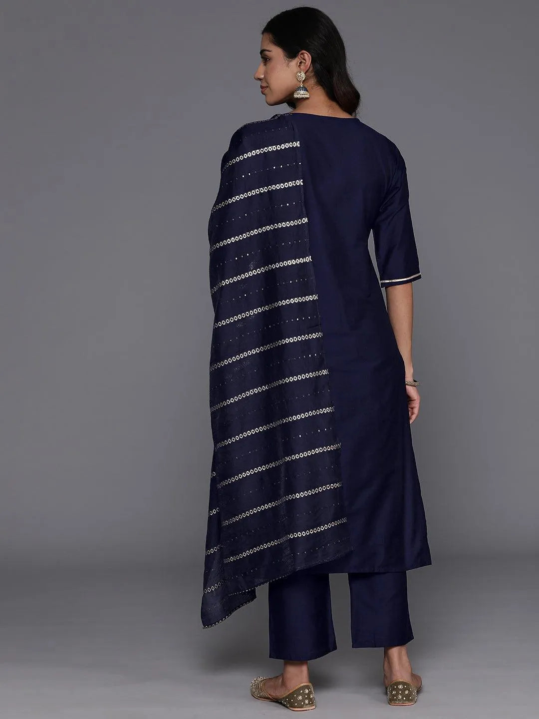 Plus Size Blue Printed Silk Blend Straight Suit Set With Dupatta
