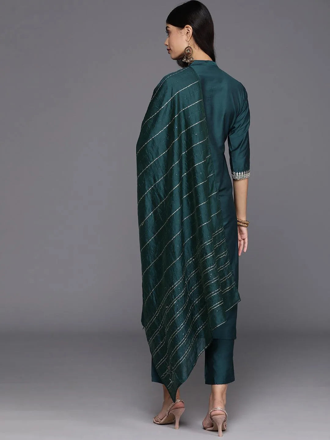 Blue Yoke Design Silk Blend Straight Kurta With Trousers & Dupatta - Libas 