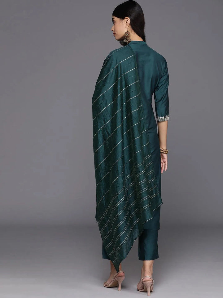 Blue Yoke Design Silk Blend Straight Kurta With Trousers & Dupatta - Libas