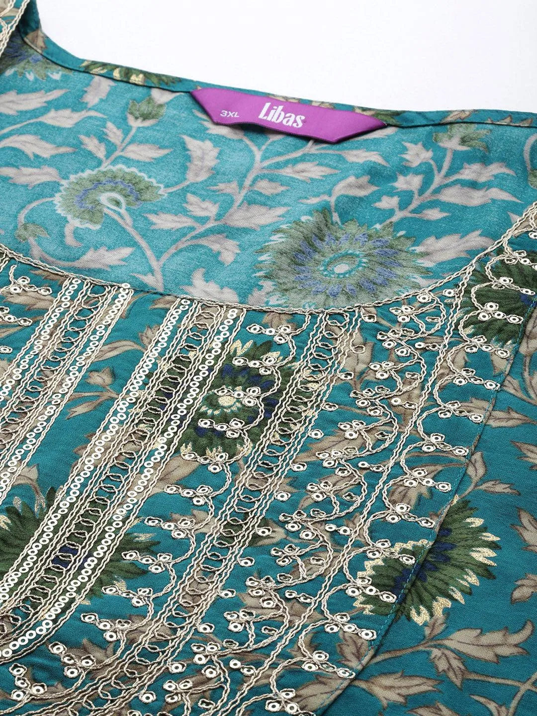 Blue Yoke Design Silk Blend Straight Kurta With Trousers & Dupatta - Libas 