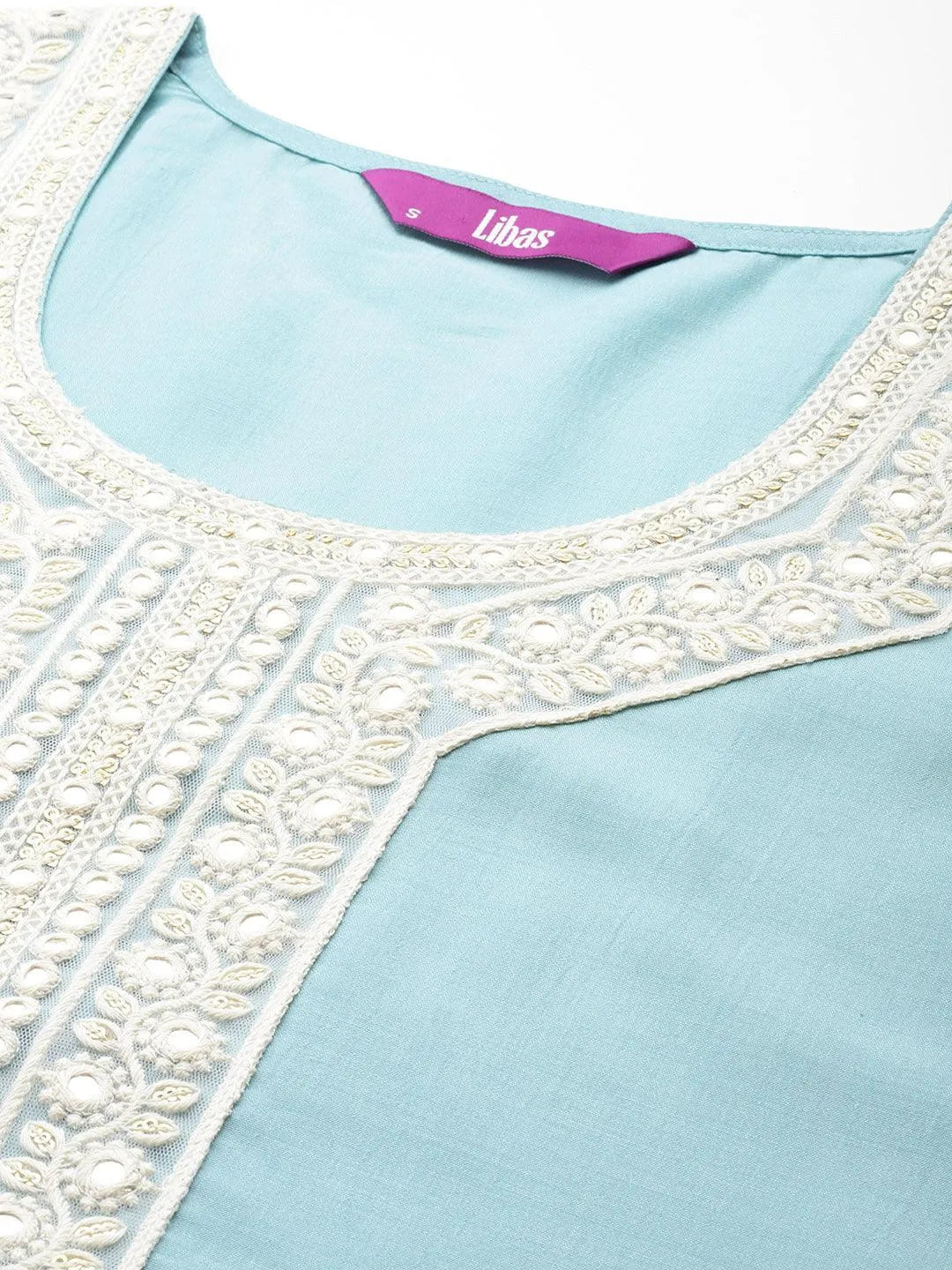 Blue Yoke Design Silk Blend Straight Kurta With Trousers & Dupatta - Libas 