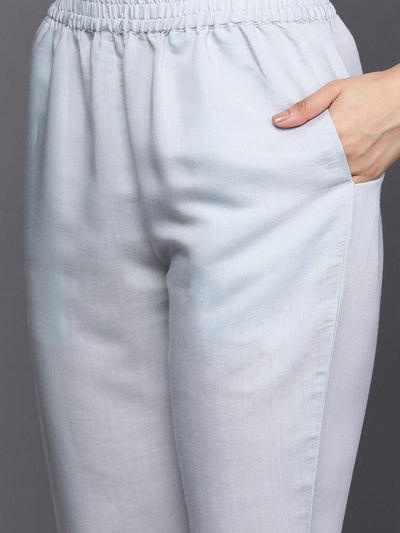 Blue Yoke Design Silk Blend Straight Suit Set With Trousers - Libas
