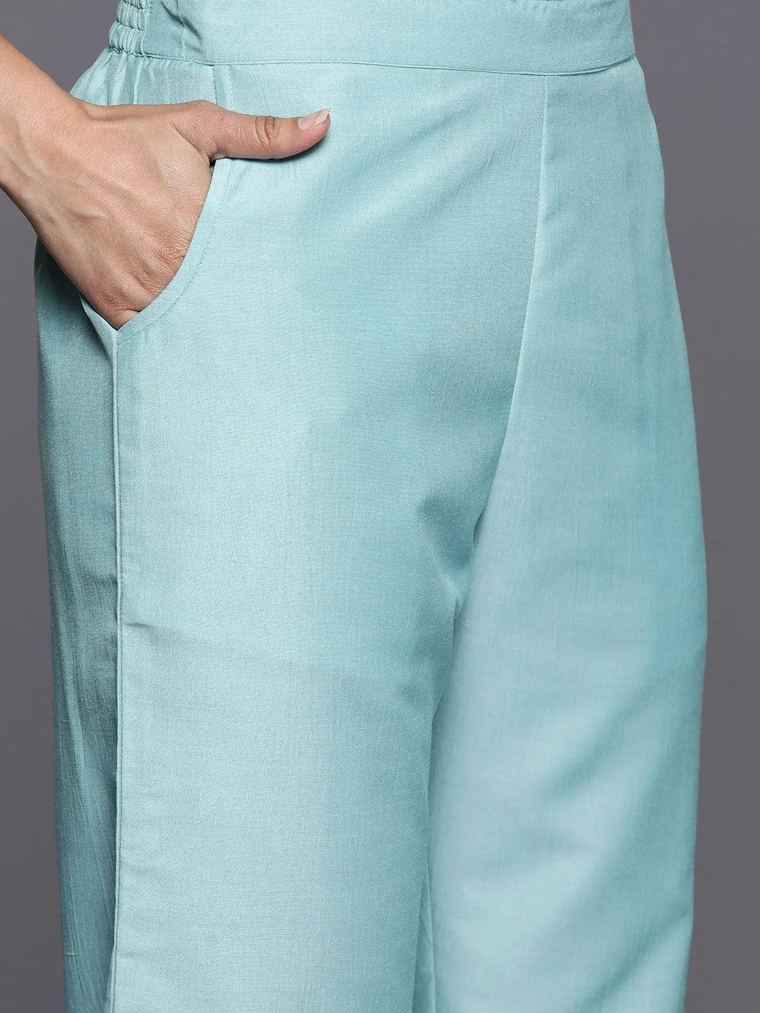 Blue Yoke Design Silk Blend Straight Kurta With Trousers & Dupatta - Libas 