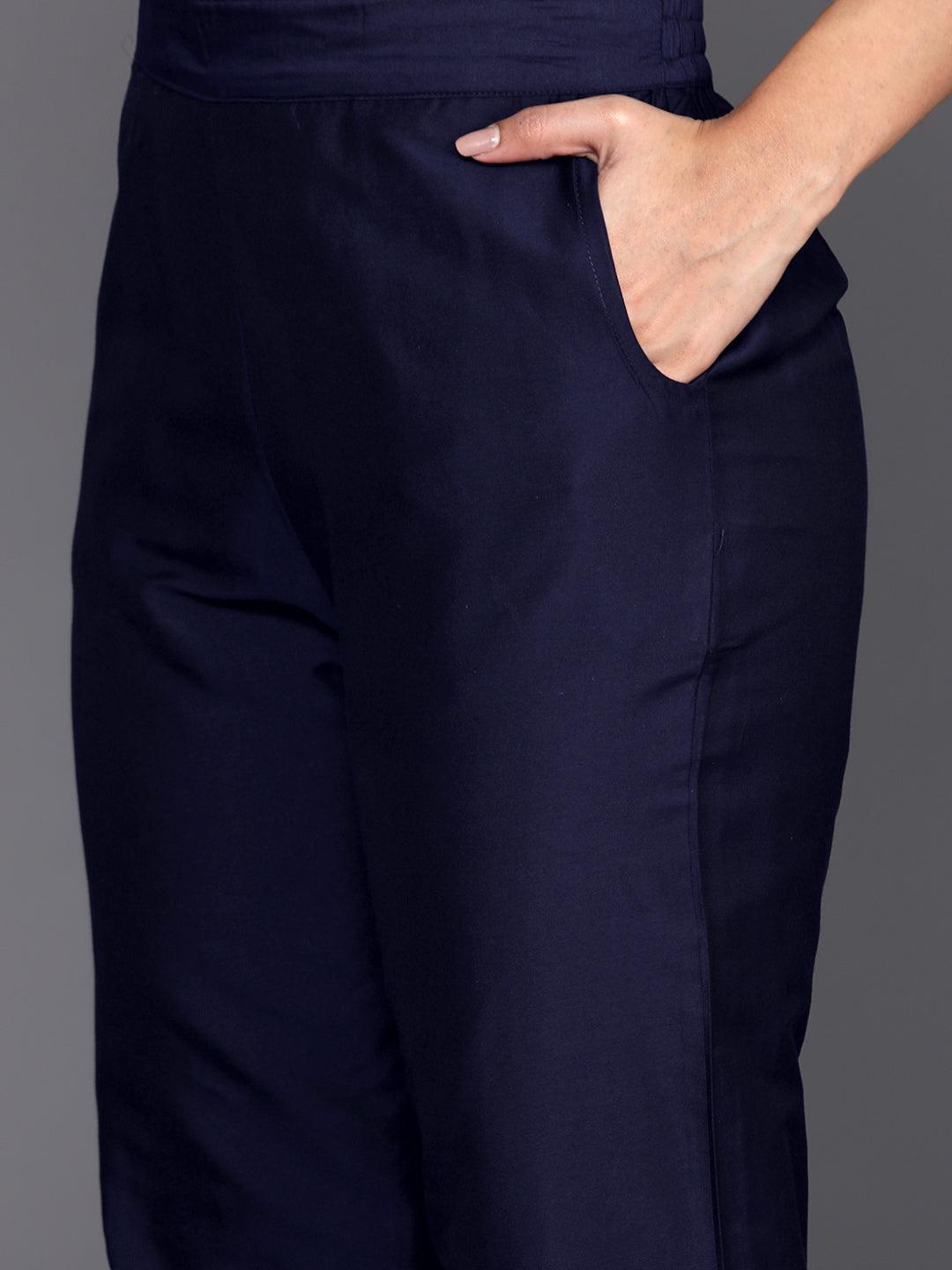 Blue Yoke Design Silk Blend Straight Kurta With Trousers & Dupatta - Libas