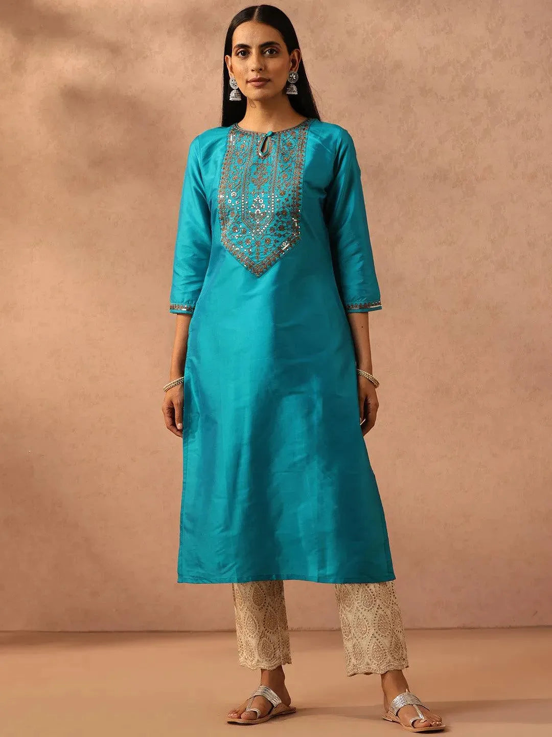 Blue Yoke Design Silk Straight Kurta - Libas 