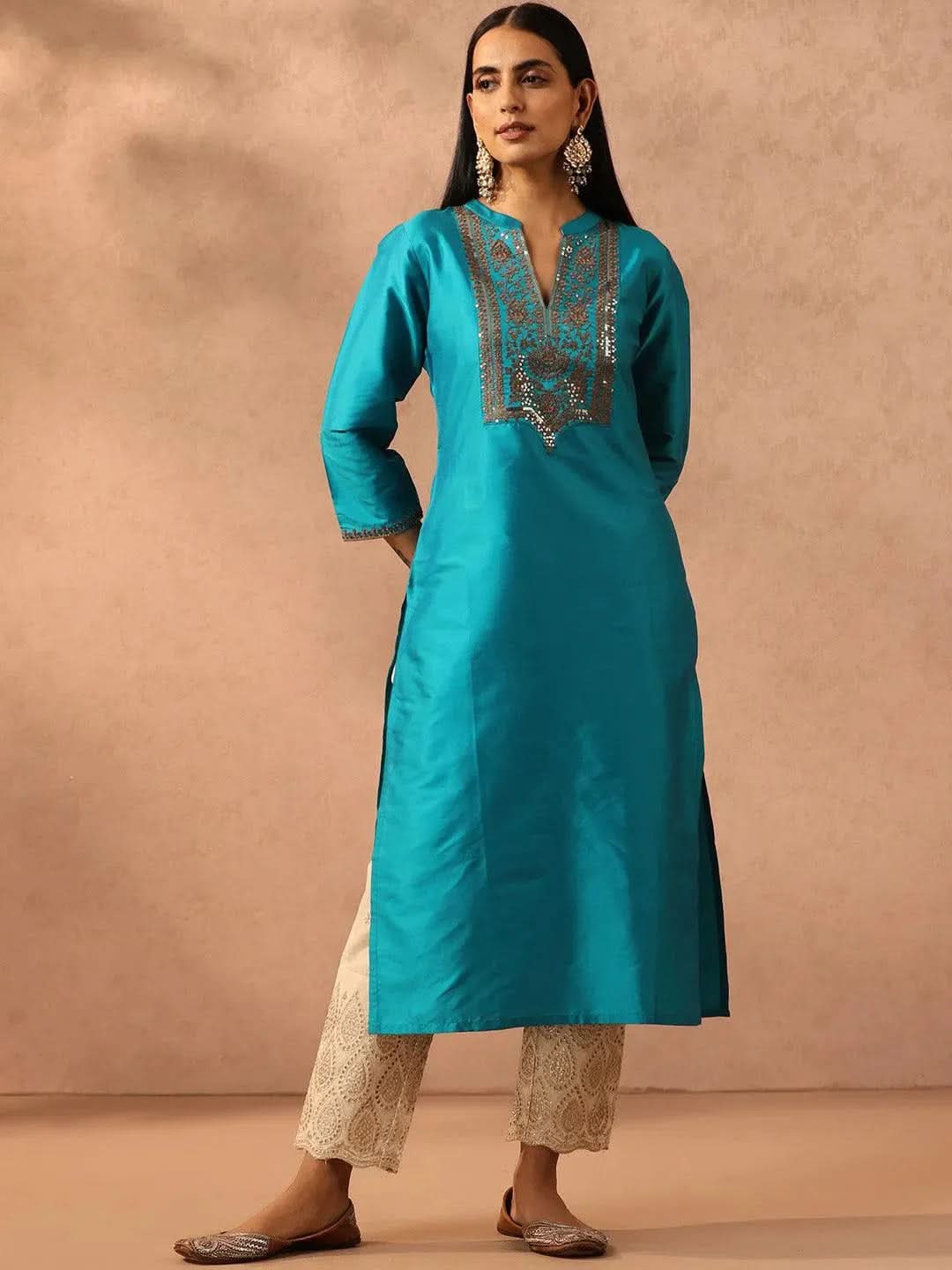 Blue Yoke Design Silk Straight Kurta - Libas 