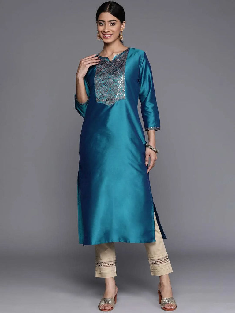 Libas Blue Yoke Design Silk Straight Kurta
