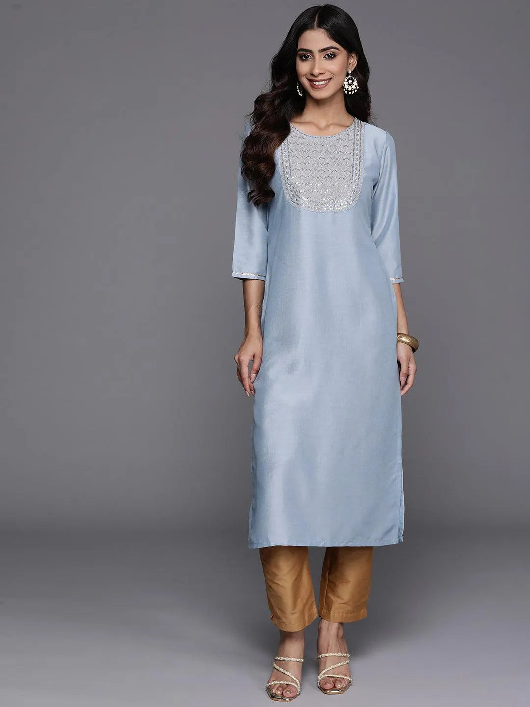 Blue Yoke Design Silk Straight Kurta - Libas 