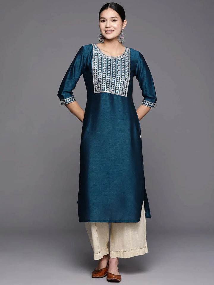 Blue Yoke Design Silk Straight Kurta - Libas