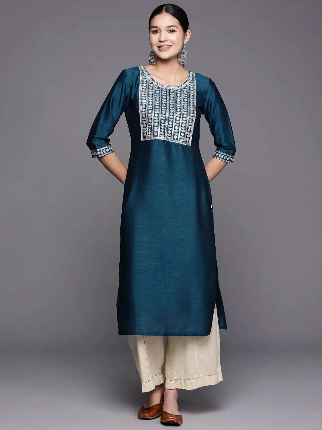 

Blue Yoke Design Silk Straight Kurta
