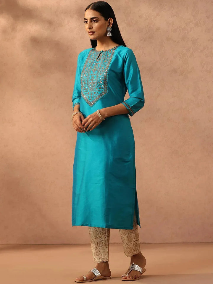 Blue Yoke Design Silk Straight Kurta - Libas