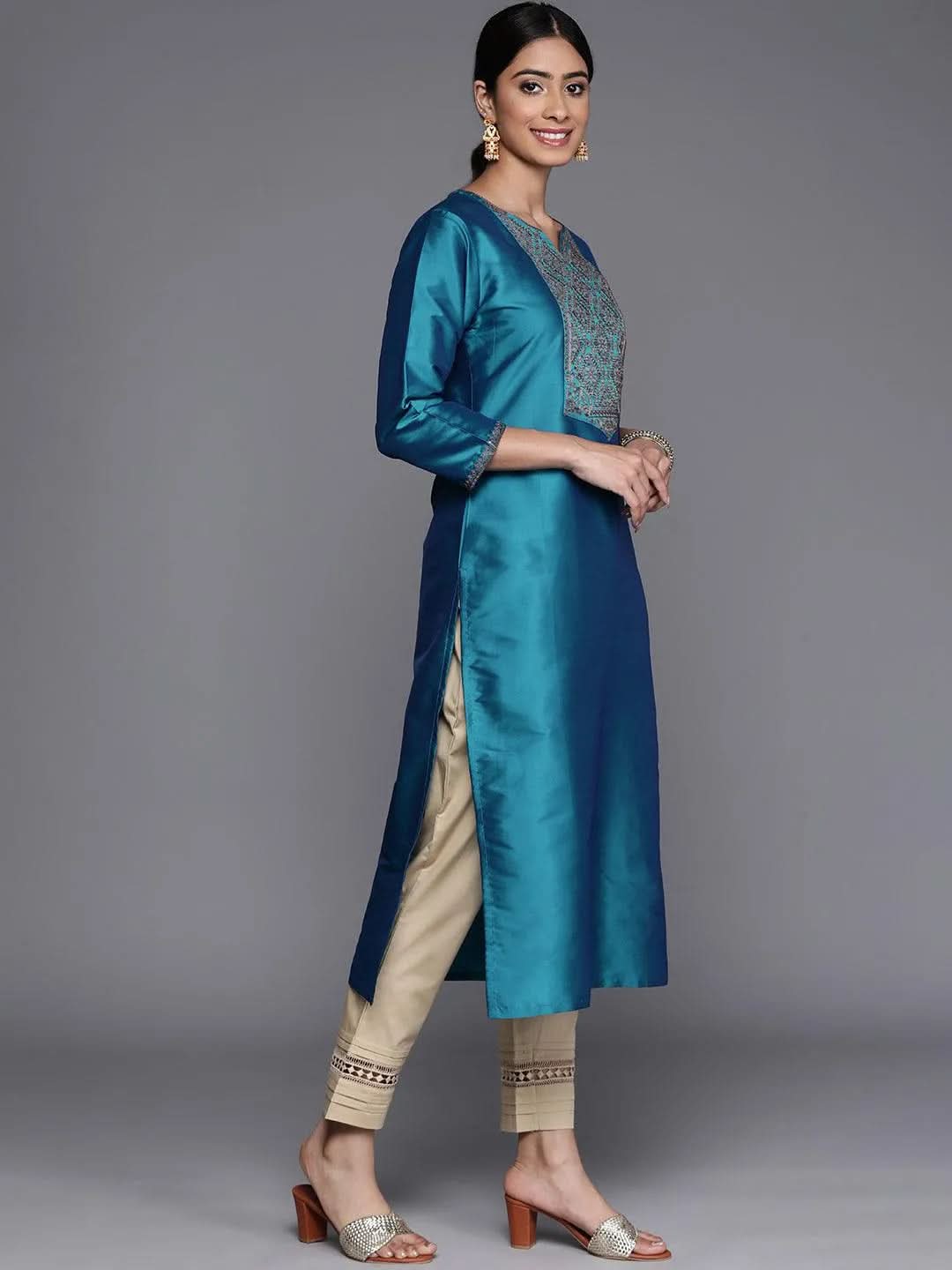 Blue Yoke Design Silk Straight Kurta - Libas 