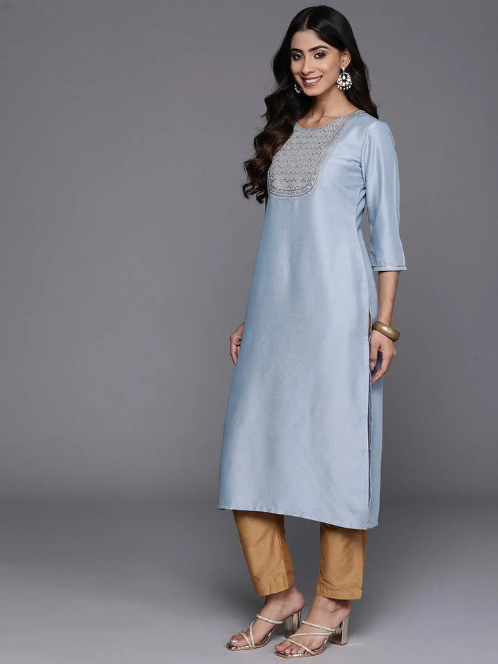 Blue Yoke Design Silk Straight Kurta - Libas