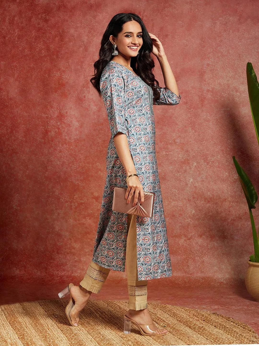 Blue Yoke Design Silk Straight Kurta - Libas 