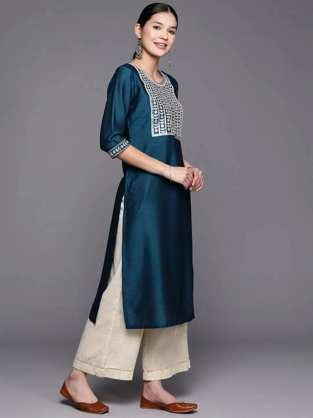 Blue Yoke Design Silk Straight Kurta - Libas 