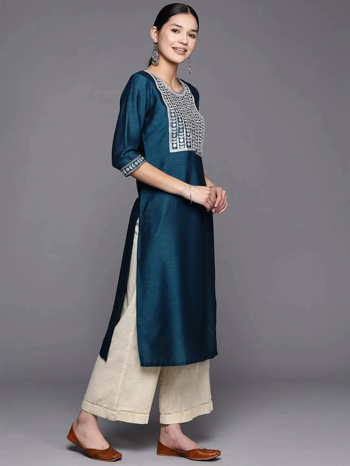 Blue Yoke Design Silk Straight Kurta - Libas