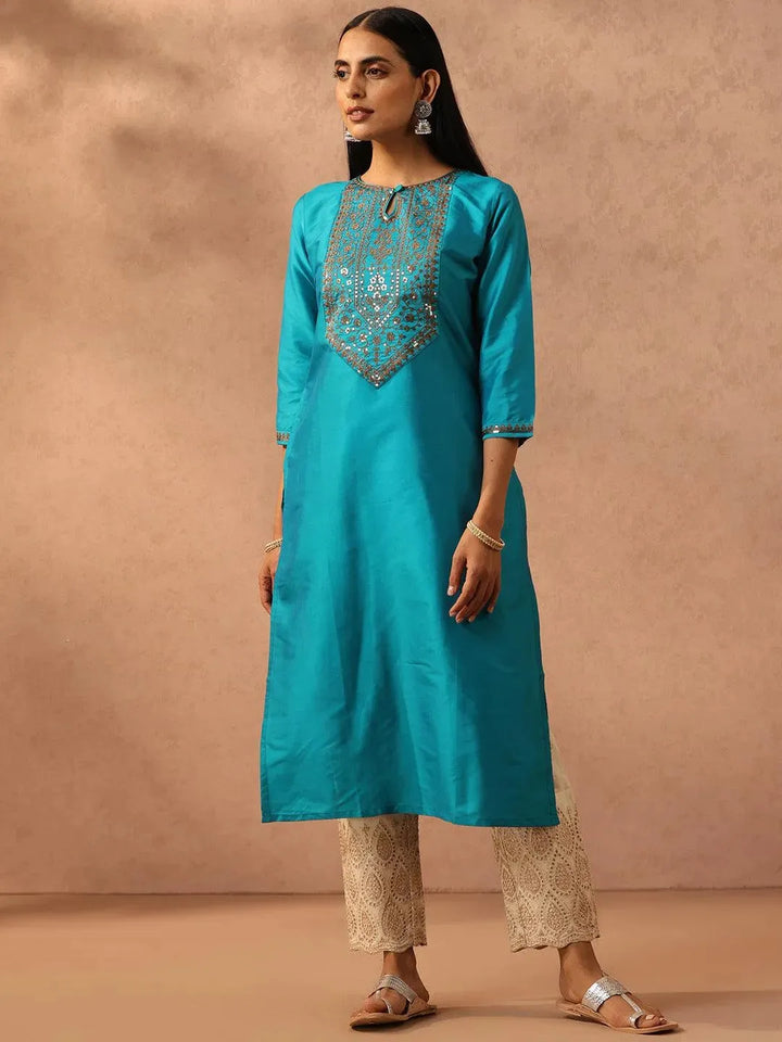 Blue Yoke Design Silk Straight Kurta - Libas