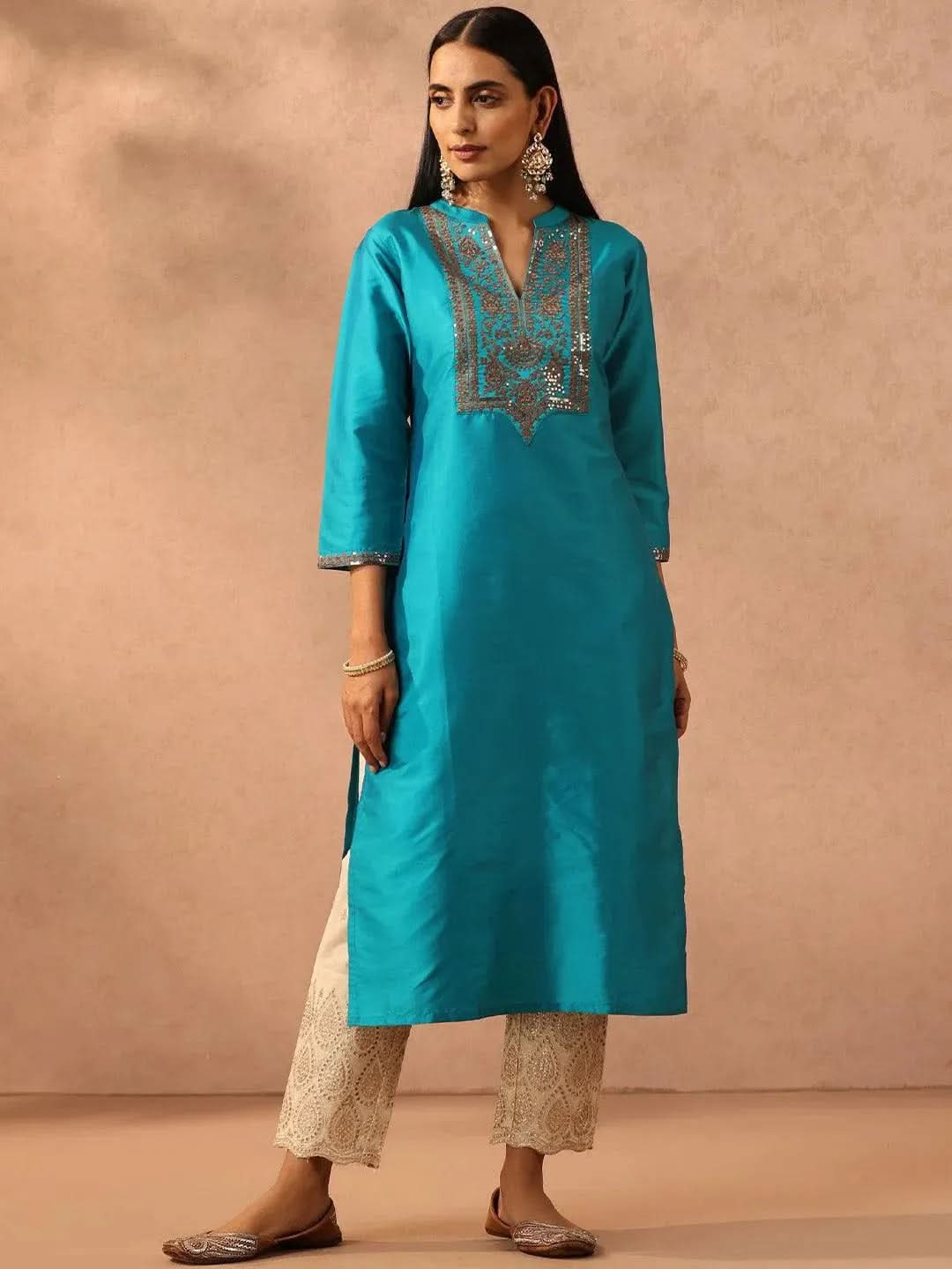 Blue Yoke Design Silk Straight Kurta - Libas 