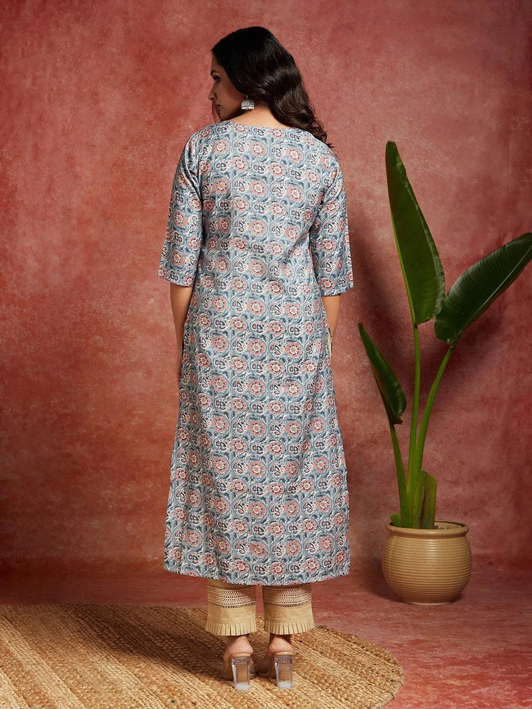 Blue Yoke Design Silk Straight Kurta - Libas 