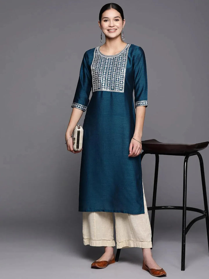 Blue Yoke Design Silk Straight Kurta - Libas