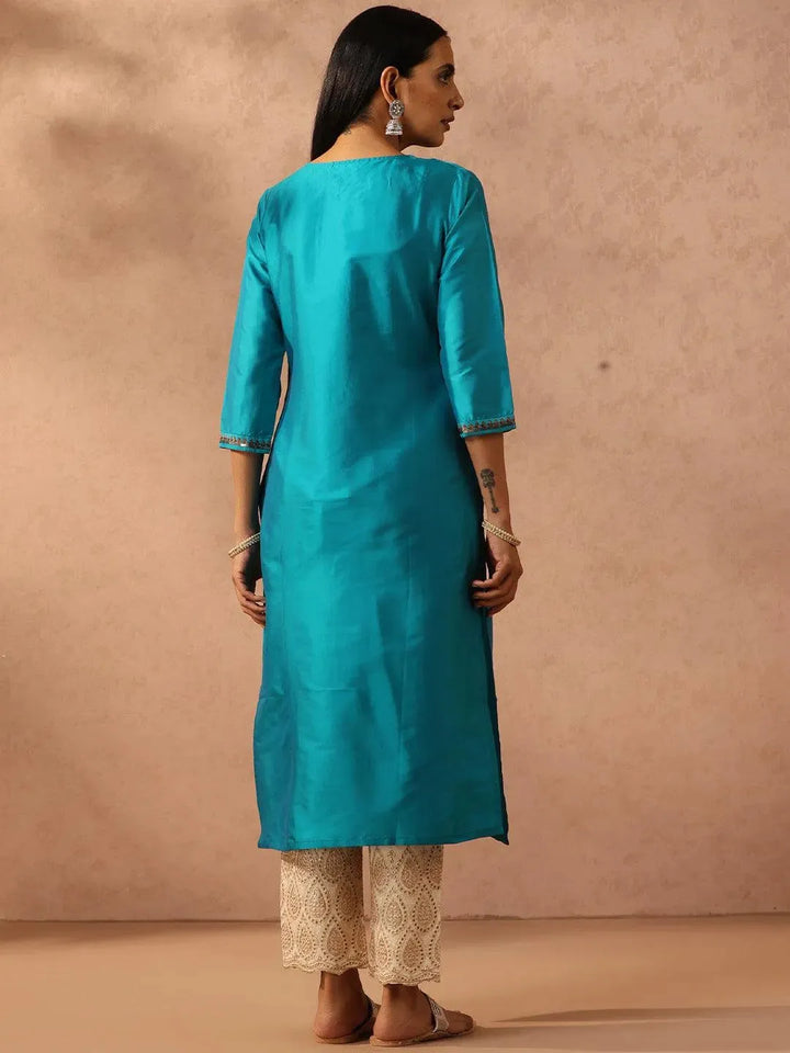 Blue Yoke Design Silk Straight Kurta - Libas