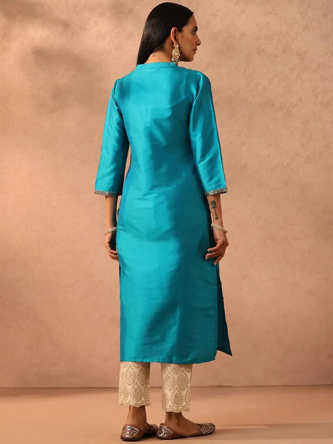 Blue Yoke Design Silk Straight Kurta - Libas 